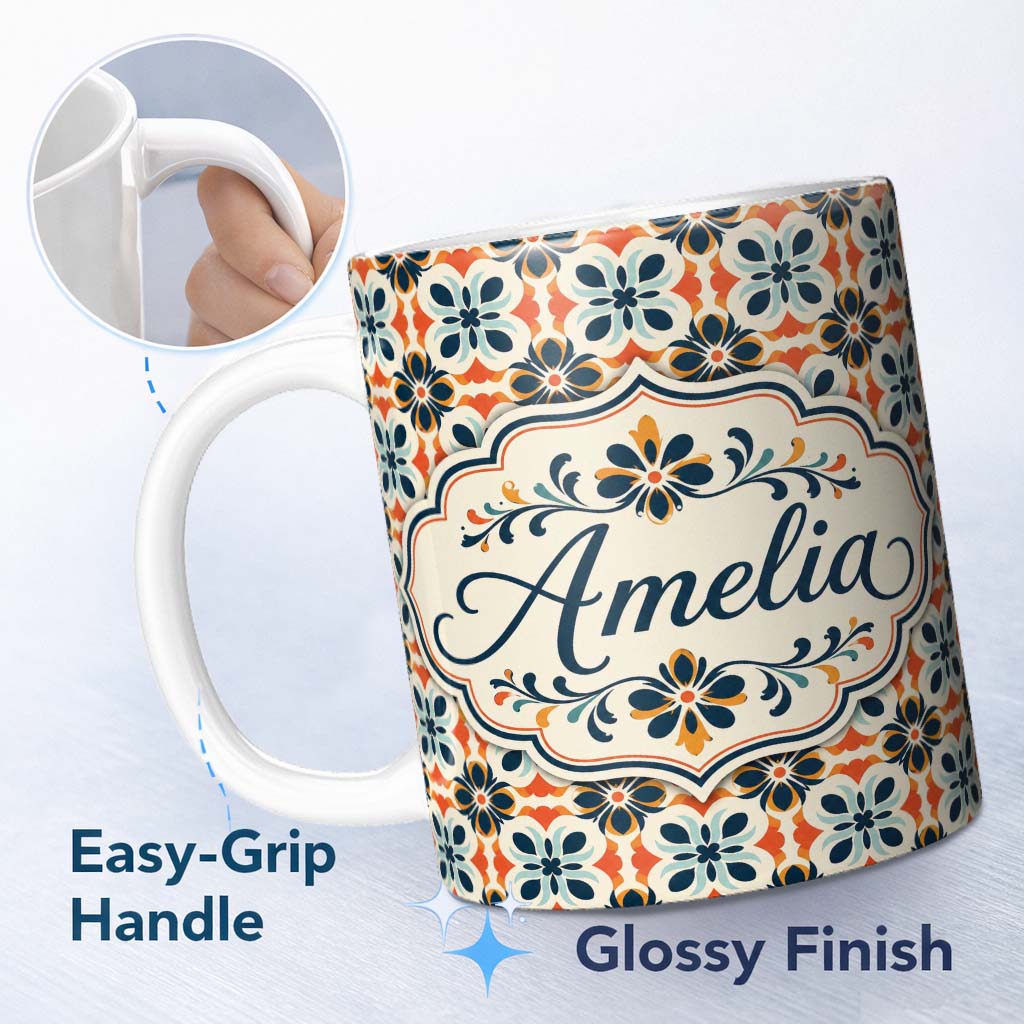 Personalized Custom Name Bold Floral Tile in Navy, Orange and Cream with Symmetrical Design 11oz Ceramic Coffee Tea Mug White Large Handle