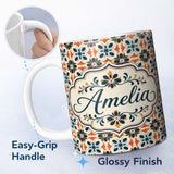Personalized Custom Name Bold Floral Tile in Navy, Orange and Cream with Symmetrical Design 11oz Ceramic Coffee Tea Mug White Large Handle