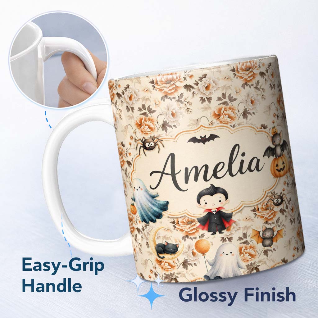 Personalized Custom Name Vintage Orange Rose Floral Pattern on Beige Background Seamless 11oz Ceramic Coffee Tea Mug White Large Handle