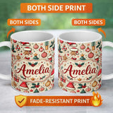 Personalized Custom Name Cute Christmas Tree Santa Hat Stocking Candy Cane Seamless Pattern 11oz Ceramic Coffee Tea Mug White Large Handle