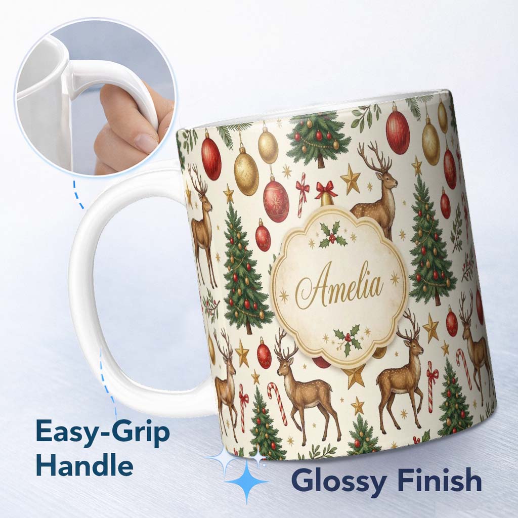 Personalized Custom Name Cute Reindeer Christmas Trees Baubles and Festive Holiday Elements 11oz Ceramic Coffee Tea Mug White Large Handle