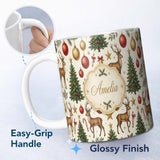 Personalized Custom Name Cute Reindeer Christmas Trees Baubles and Festive Holiday Elements 11oz Ceramic Coffee Tea Mug White Large Handle