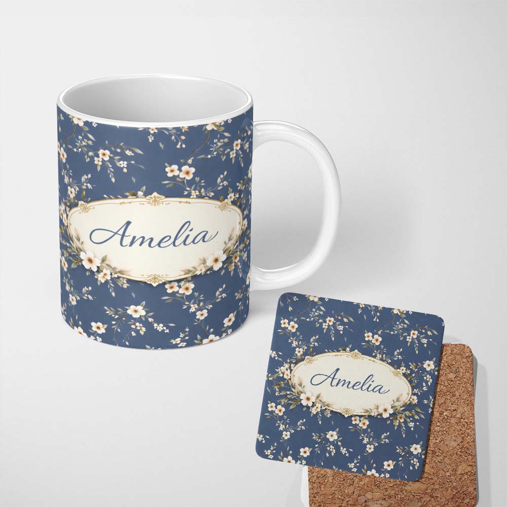 Personalized Custom Name Elegant Navy Floral Vine Delicate Botanical Charming Kitchen Decor 11oz Ceramic Coffee Tea Mug White Large Handle