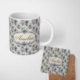 Personalized Custom Name Elegant Blue Vintage Floral Damask on Textured Neutral Background 11oz Ceramic Coffee Tea Mug White Large Handle