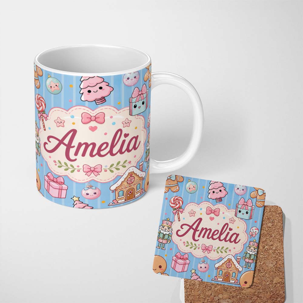 Personalized Custom Name Cute Christmas Gingerbread Candy House Gifts Pattern Blue Stripe 11oz Ceramic Coffee Tea Mug White Large Handle