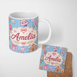 Personalized Custom Name Cute Christmas Gingerbread Candy House Gifts Pattern Blue Stripe 11oz Ceramic Coffee Tea Mug White Large Handle