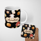 Personalized Custom Name Cute Farm Goat Barn Hay Bale Chick Black Background Seamless Pattern 11oz Ceramic Coffee Tea Mug White Large Handle