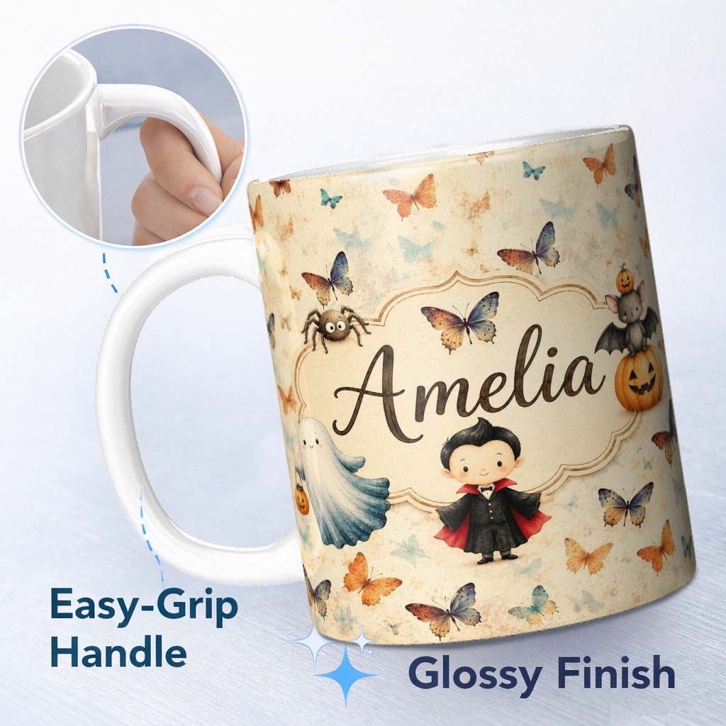 Personalized Custom Name Vintage Style Butterflies with Soft Pastel Texture Seamless Pattern 11oz Ceramic Coffee Tea Mug White Large Handle
