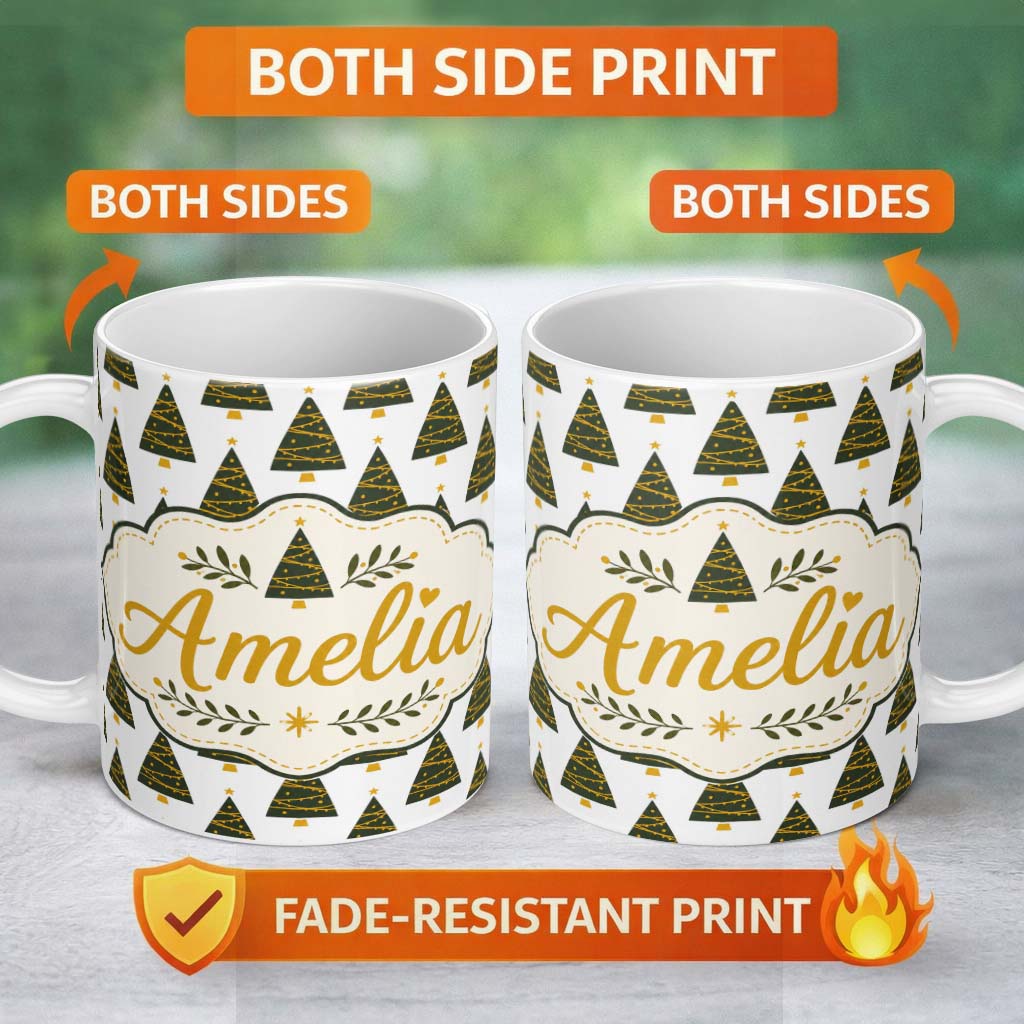 Personalized Custom Name Minimal Christmas Tree with Golden Garland Seamless Pattern Modern 11oz Ceramic Coffee Tea Mug White Large Handle