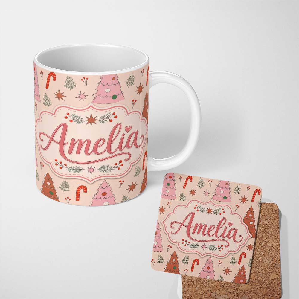 Personalized Custom Name Scandinavian Style Christmas Trees Candy Cane Cute Seamless Pattern 11oz Ceramic Coffee Tea Mug White Large Handle