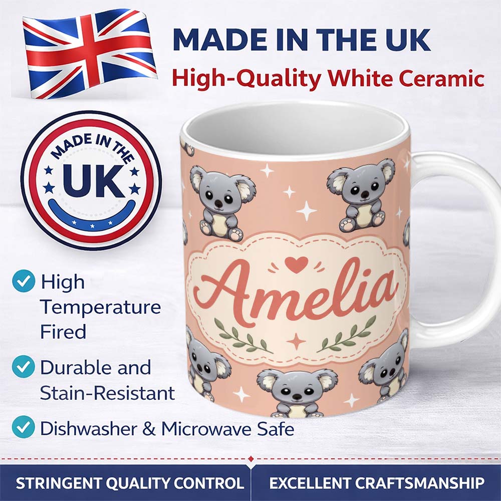 Personalized Custom Name Cute Koala Bears with Stars Peach Background Seamless Pattern Lovely 11oz Ceramic Coffee Tea Mug White Large Handle