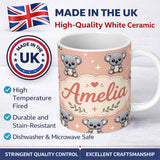 Personalized Custom Name Cute Koala Bears with Stars Peach Background Seamless Pattern Lovely 11oz Ceramic Coffee Tea Mug White Large Handle