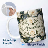 Personalized Custom Name Romantic White Roses Dark Botanical Garden Seamless Pattern Lovely 11oz Ceramic Coffee Tea Mug White Large Handle