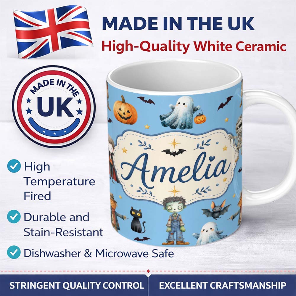 Personalized Custom Name Halloween Zombie Mummy Vampire Bat Spooky Sky Blue Seamless Pattern 11oz Ceramic Coffee Tea Mug White Large Handle