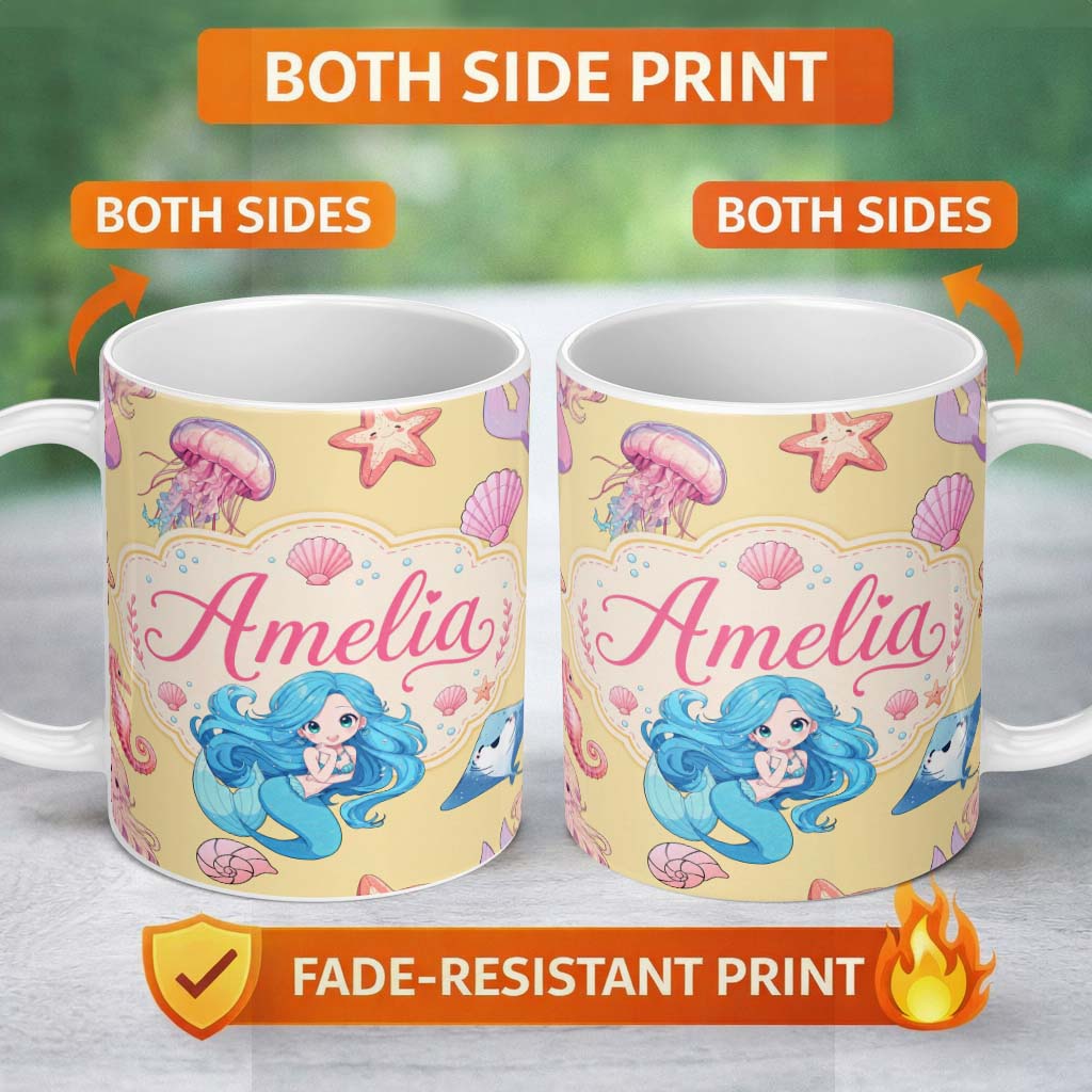 Personalized Custom Name Mermaid Ocean Friends Jellyfish Starfish Mustard Yellow Background 11oz Ceramic Coffee Tea Mug White Large Handle