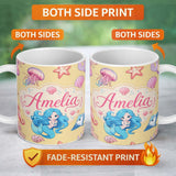 Personalized Custom Name Mermaid Ocean Friends Jellyfish Starfish Mustard Yellow Background 11oz Ceramic Coffee Tea Mug White Large Handle