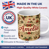 Personalized Custom Name Classic Christmas Santa Gift Holly Snowflake Seamless Pattern Lovely 11oz Ceramic Coffee Tea Mug White Large Handle