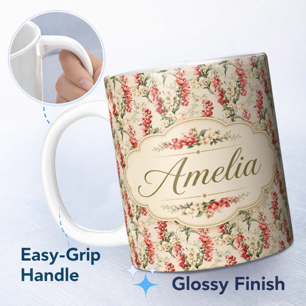 Personalized Custom Name Pink and Cream Floral Trail Light Neutral Background Romantic Lovely 11oz Ceramic Coffee Tea Mug White Large Handle