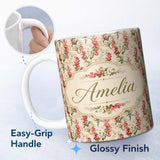 Personalized Custom Name Pink and Cream Floral Trail Light Neutral Background Romantic Lovely 11oz Ceramic Coffee Tea Mug White Large Handle