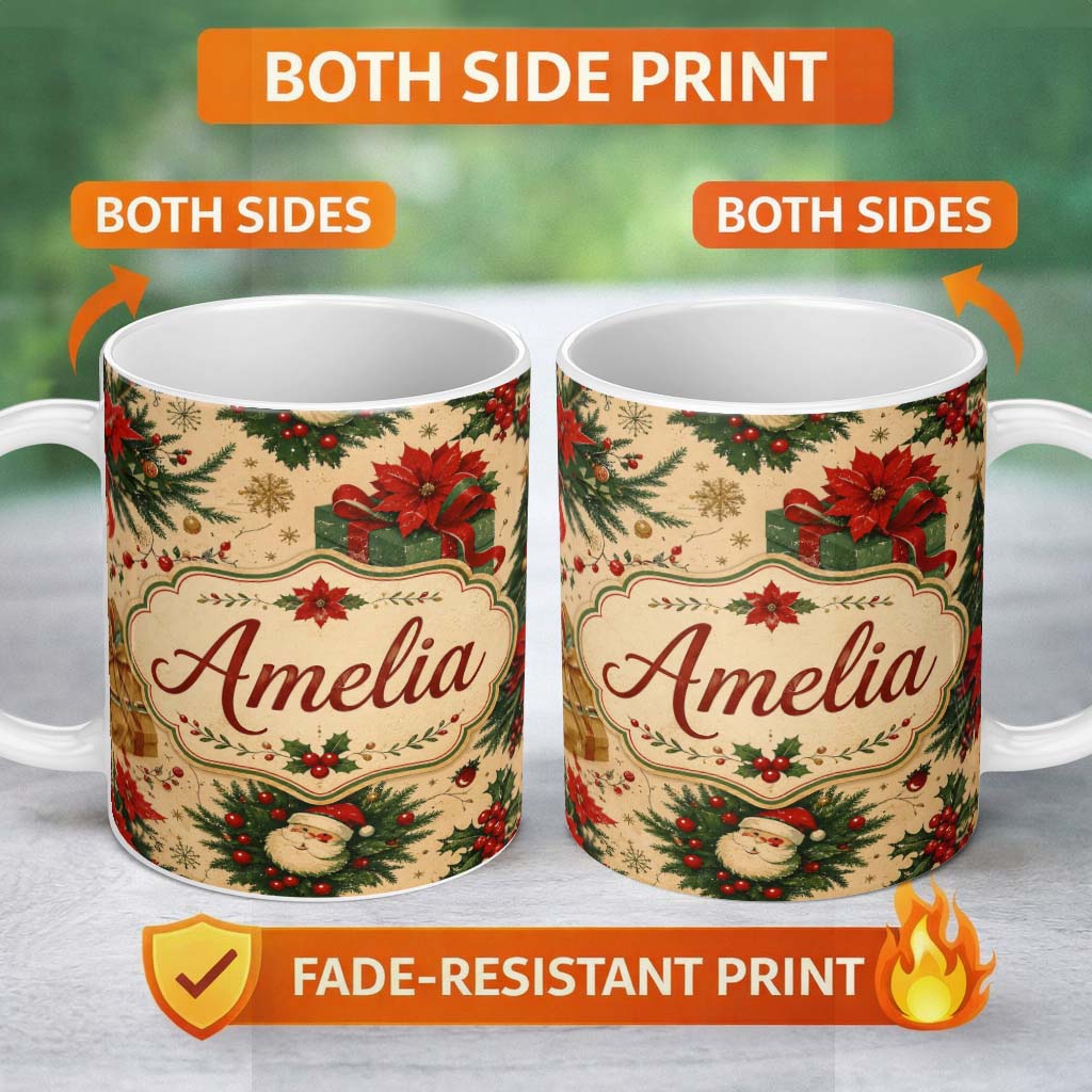 Personalized Custom Name Christmas Gift Boxes Pine Branch Holiday Seamless Pattern Lovely 11oz Ceramic Coffee Tea Mug White Large Handle