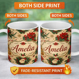 Personalized Custom Name Christmas Gift Boxes Pine Branch Holiday Seamless Pattern Lovely 11oz Ceramic Coffee Tea Mug White Large Handle