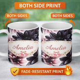Personalized Custom Name Dark Gothic Floral Dahlia Black Pink Elegant Flower Pattern Lovely 11oz Ceramic Coffee Tea Mug White Large Handle