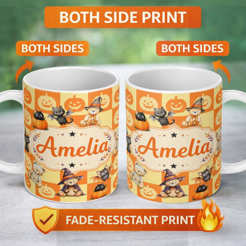 Personalized Custom Name Orange Pumpkin Checkerboard Warm Autumn Seamless Pattern UK Name 11oz Ceramic Coffee Tea Mug White Large Handle