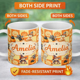 Personalized Custom Name Orange Pumpkin Checkerboard Warm Autumn Seamless Pattern UK Name 11oz Ceramic Coffee Tea Mug White Large Handle
