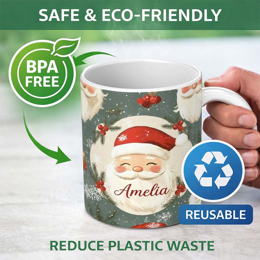 Personalized Custom Name Cute Santa Claus Face Snowflakes Festive Seamless Pattern Lovely 11oz Ceramic Coffee Tea Mug White Large Handle