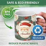 Personalized Custom Name Cute Santa Claus Face Snowflakes Festive Seamless Pattern Lovely 11oz Ceramic Coffee Tea Mug White Large Handle