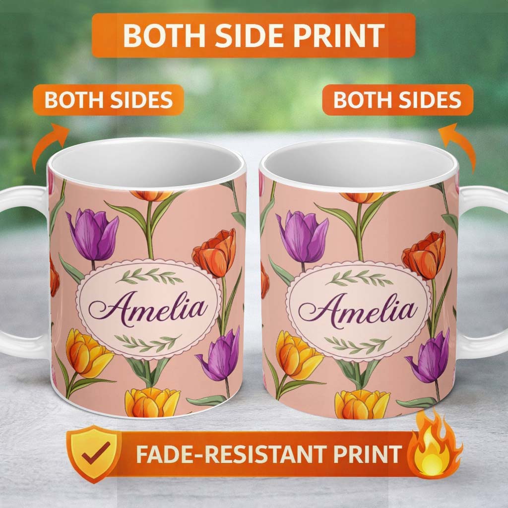 Personalized Custom Name Elegant Tulip Floral Seamless Pattern Peach Background Spring Lovely 11oz Ceramic Coffee Tea Mug White Large Handle