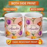 Personalized Custom Name Elegant Tulip Floral Seamless Pattern Peach Background Spring Lovely 11oz Ceramic Coffee Tea Mug White Large Handle