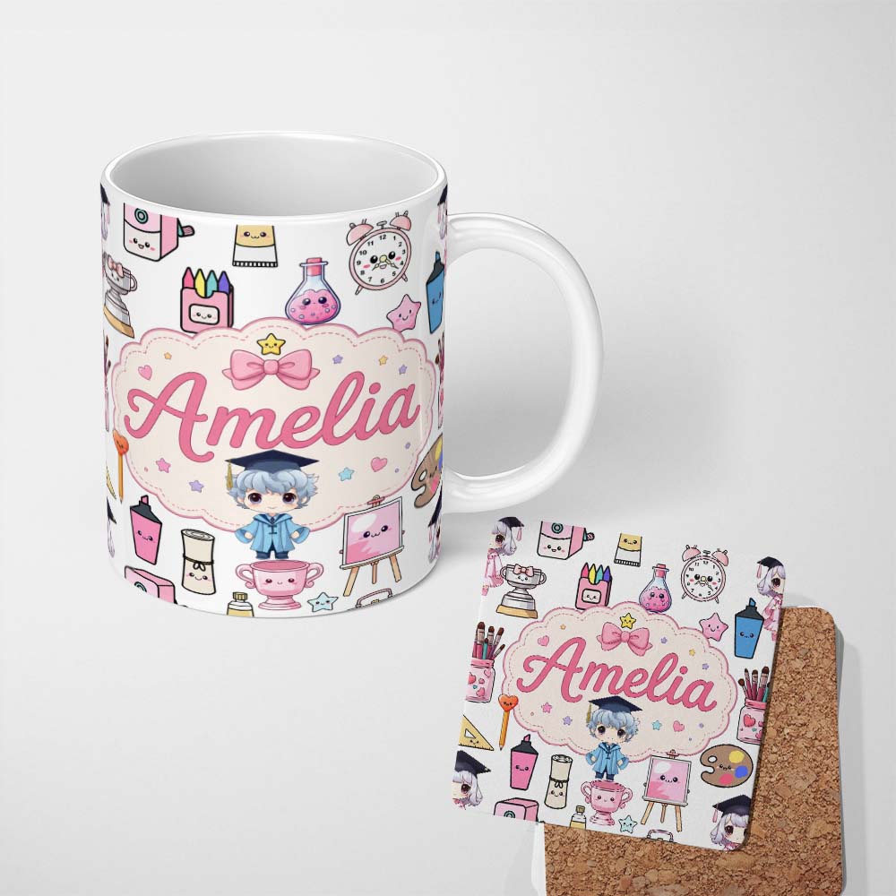 Personalized Custom Name Cute Kawaii Graduation School Science Art Supplies Pattern White 11oz Ceramic Coffee Tea Mug White Large Handle