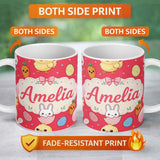 Personalized Custom Name Cute Easter Bunny Chick Carrots Eggs Polka Dot Seamless Pattern Red 11oz Ceramic Coffee Tea Mug White Large Handle