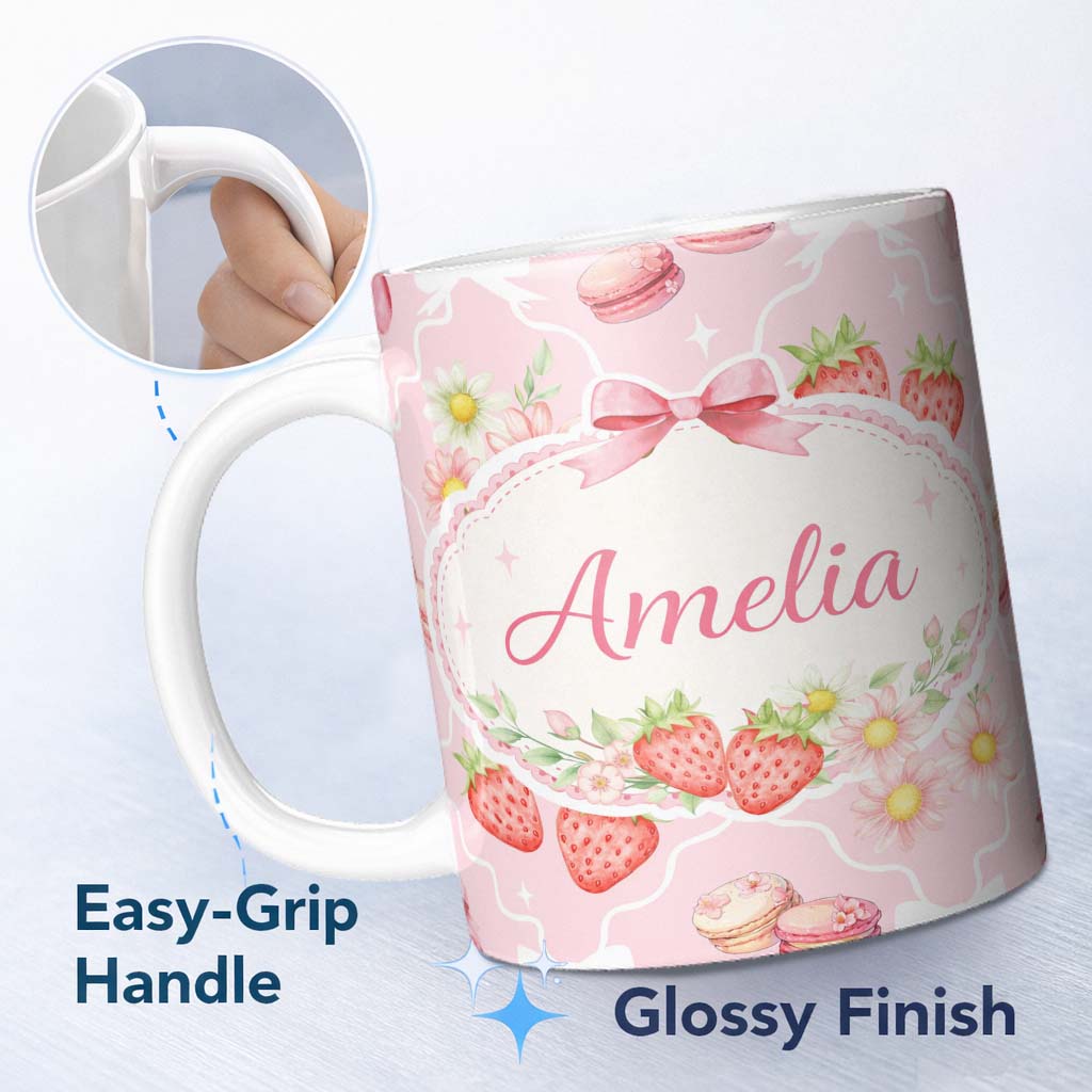 Personalized Custom Name Strawberry Cherry Daisy Seamless Pattern Blush Pink Cute Coquette 11oz Ceramic Coffee Tea Mug White Large Handle