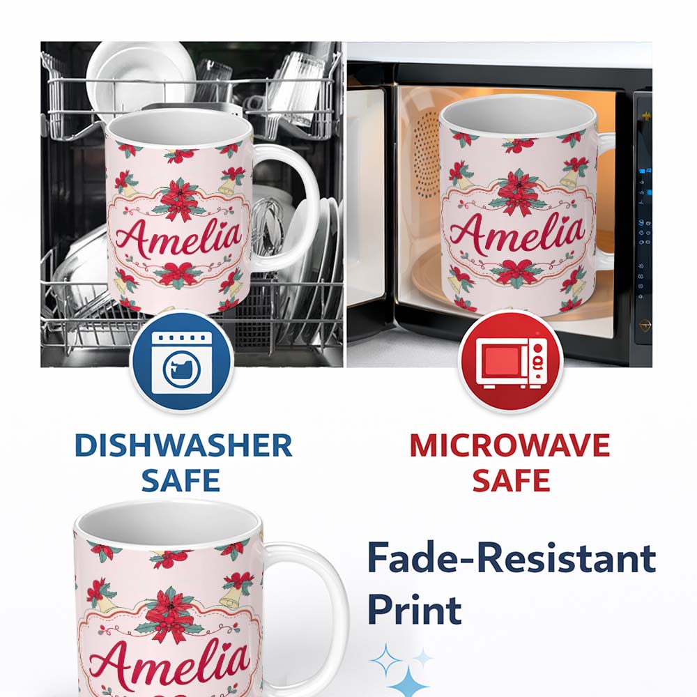 Personalized Custom Name Poinsettia Flower Bell Holly Christmas Seamless Pattern Lovely 11oz Ceramic Coffee Tea Mug White Large Handle