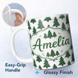 Personalized Custom Name Simple Hand Drawn Green Christmas Trees Minimal Seamless Pattern 11oz Ceramic Coffee Tea Mug White Large Handle