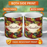 Personalized Custom Name Vibrant Red Yellow Poinsettia Floral Seamless Pattern Lovely 11oz Ceramic Coffee Tea Mug White Large Handle