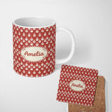 Personalized Custom Name Cute Minimal Santa Faces Red Background Snow Dot Christmas Seamless 11oz Ceramic Coffee Tea Mug White Large Handle