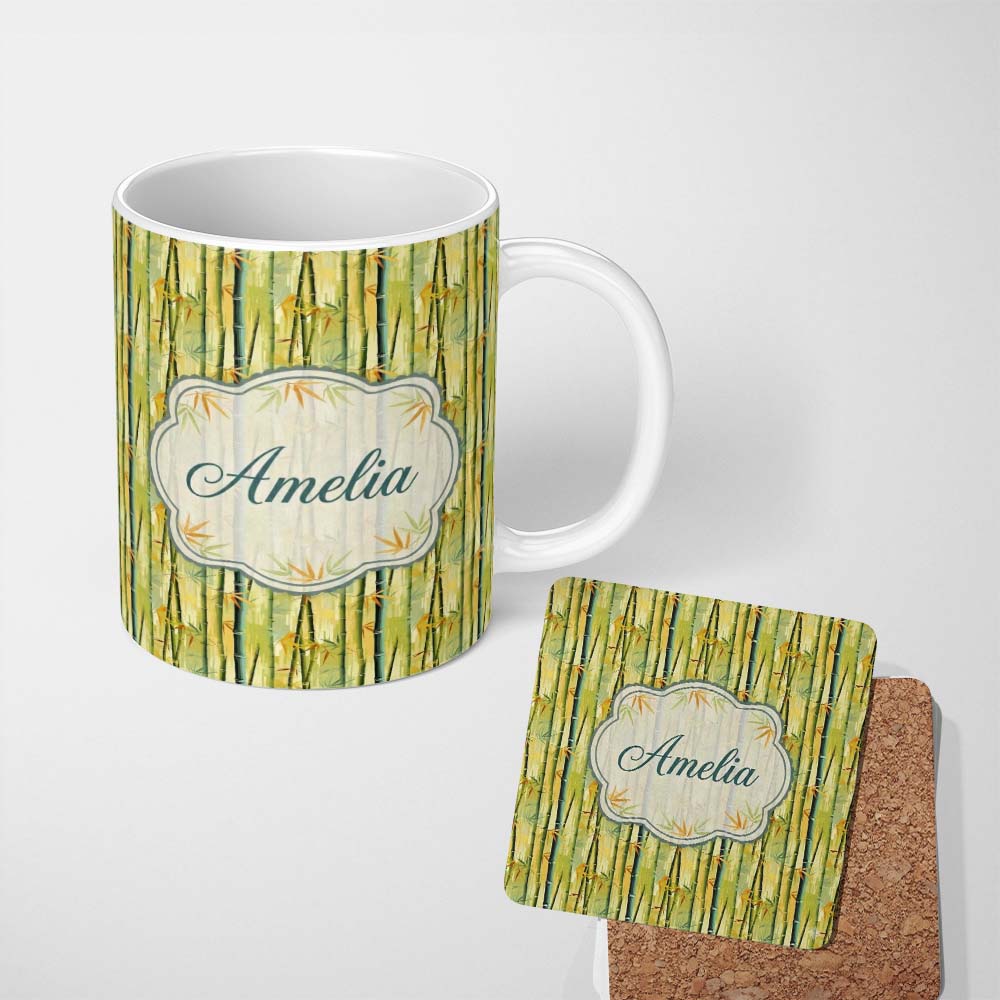 Personalized Custom Name Bright Bamboo Stems with Yellow and Green Tones Seamless Pattern 11oz Ceramic Coffee Tea Mug White Large Handle