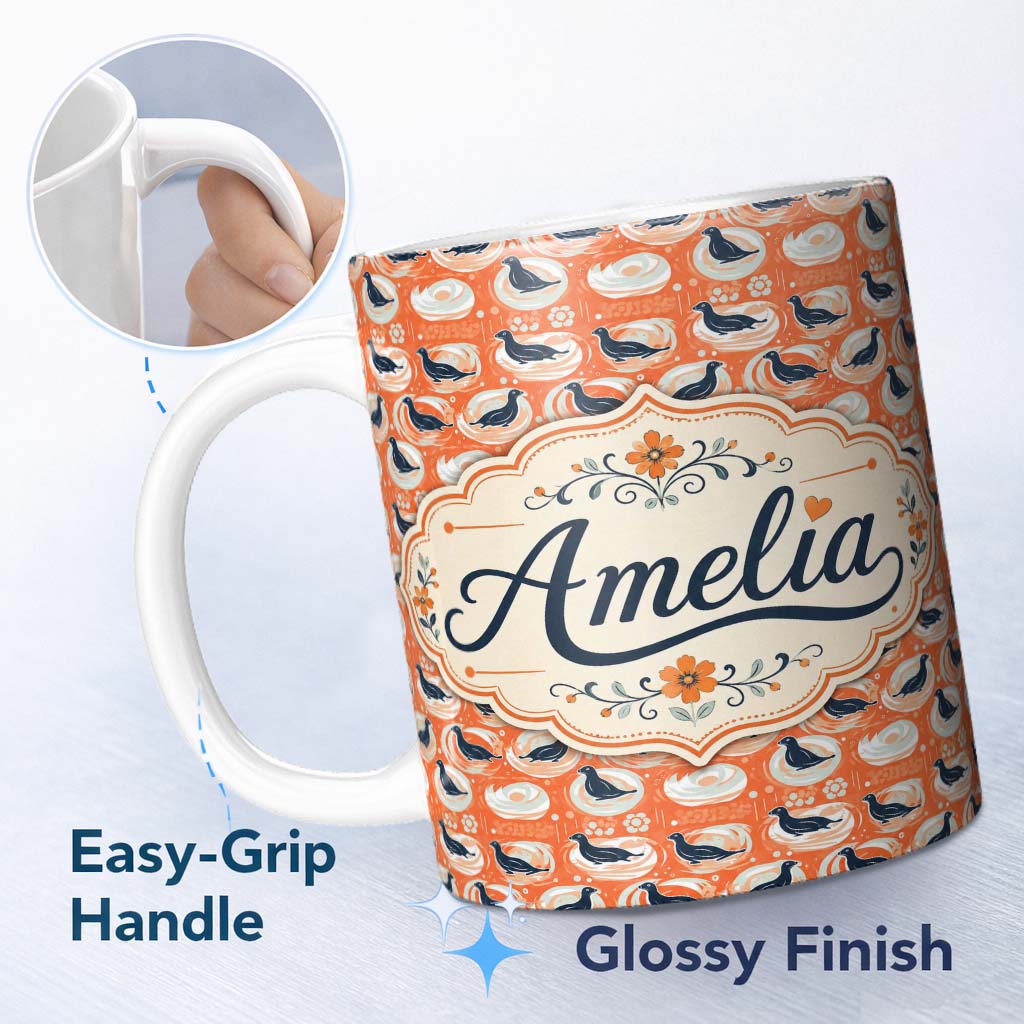 Personalized Custom Name Modern Abstract Seal on Orange Wave Seamless Pattern Lovely 11oz Ceramic Coffee Tea Mug White Large Handle