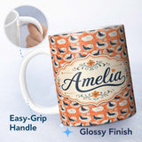 Personalized Custom Name Modern Abstract Seal on Orange Wave Seamless Pattern Lovely 11oz Ceramic Coffee Tea Mug White Large Handle
