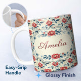 Personalized Custom Name Oriental Inspired Red Blossom Floral Cream Background Decorative 11oz Ceramic Coffee Tea Mug White Large Handle