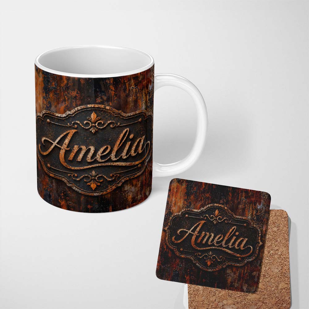 Personalized Custom Name Layered Rust Patina Texture Mixed Media Grunge Seamless Pattern 11oz Ceramic Coffee Tea Mug White Large Handle