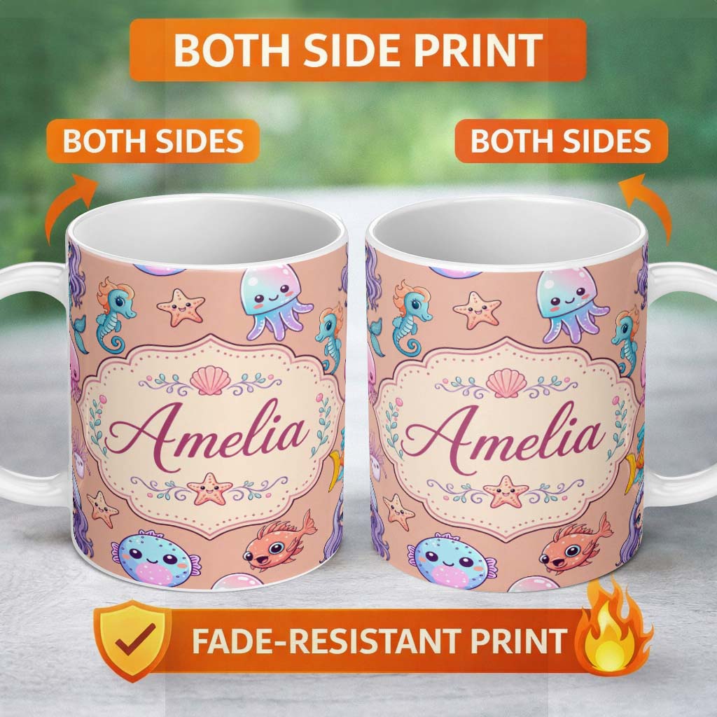 Personalized Custom Name Cute Cartoon Mermaid with Sea Creatures on Peach Background Kids 11oz Ceramic Coffee Tea Mug White Large Handle