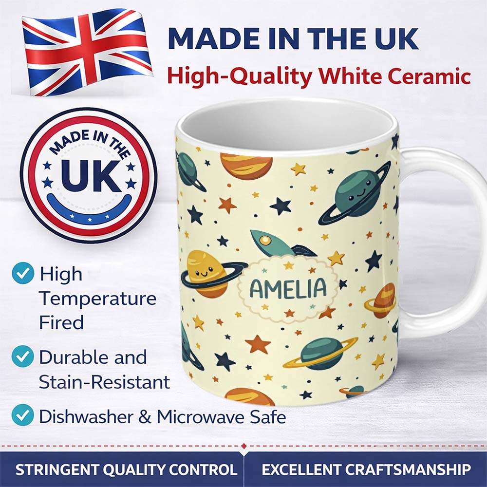 Personalized Custom Name Cute Space Planets Stars Rocket Seamless Pattern Cute Unique Gift 11oz Ceramic Coffee Tea Mug White Large Handle