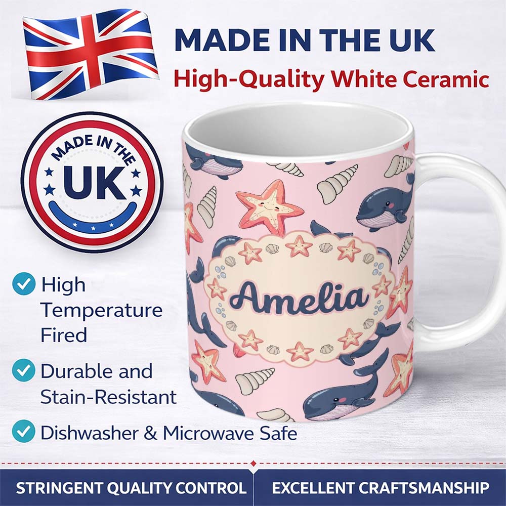 Personalized Custom Name Cute Kawaii Whale Starfish Seashell Ocean Animals Pink Background 11oz Ceramic Coffee Tea Mug White Large Handle