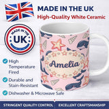 Personalized Custom Name Cute Kawaii Whale Starfish Seashell Ocean Animals Pink Background 11oz Ceramic Coffee Tea Mug White Large Handle