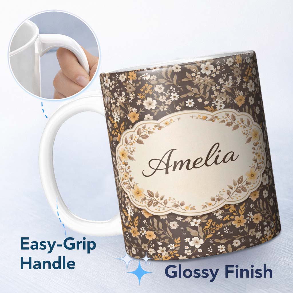 Personalized Custom Name Vintage Floral Meadow Pattern Brown Beige Botanical Seamless Design 11oz Ceramic Coffee Tea Mug White Large Handle