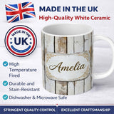 Personalized Custom Name Vertical Weathered Wooden Planks Whitewashed Distressed Lovely 11oz Ceramic Coffee Tea Mug White Large Handle